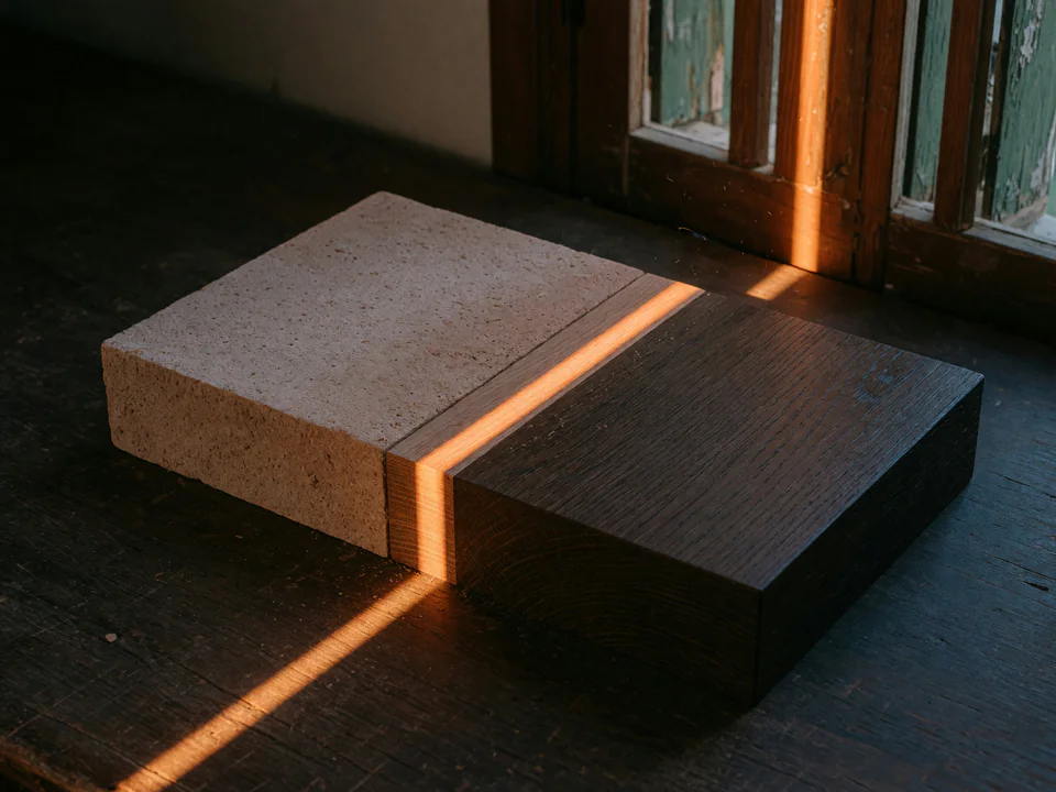 Dos líneas de luz, una terracota y otra turquesa, que se unen en una sola sobre una superficie de piedra oscura iluminada de lado.