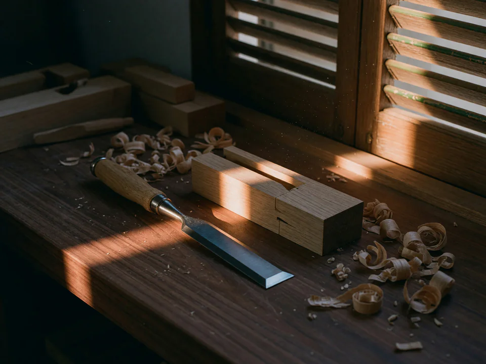 Primer plano de un teclado mecánico oscuro con teclas sin rotular, una de ellas iluminada desde abajo en terracota, con fondo desenfocado cálido.